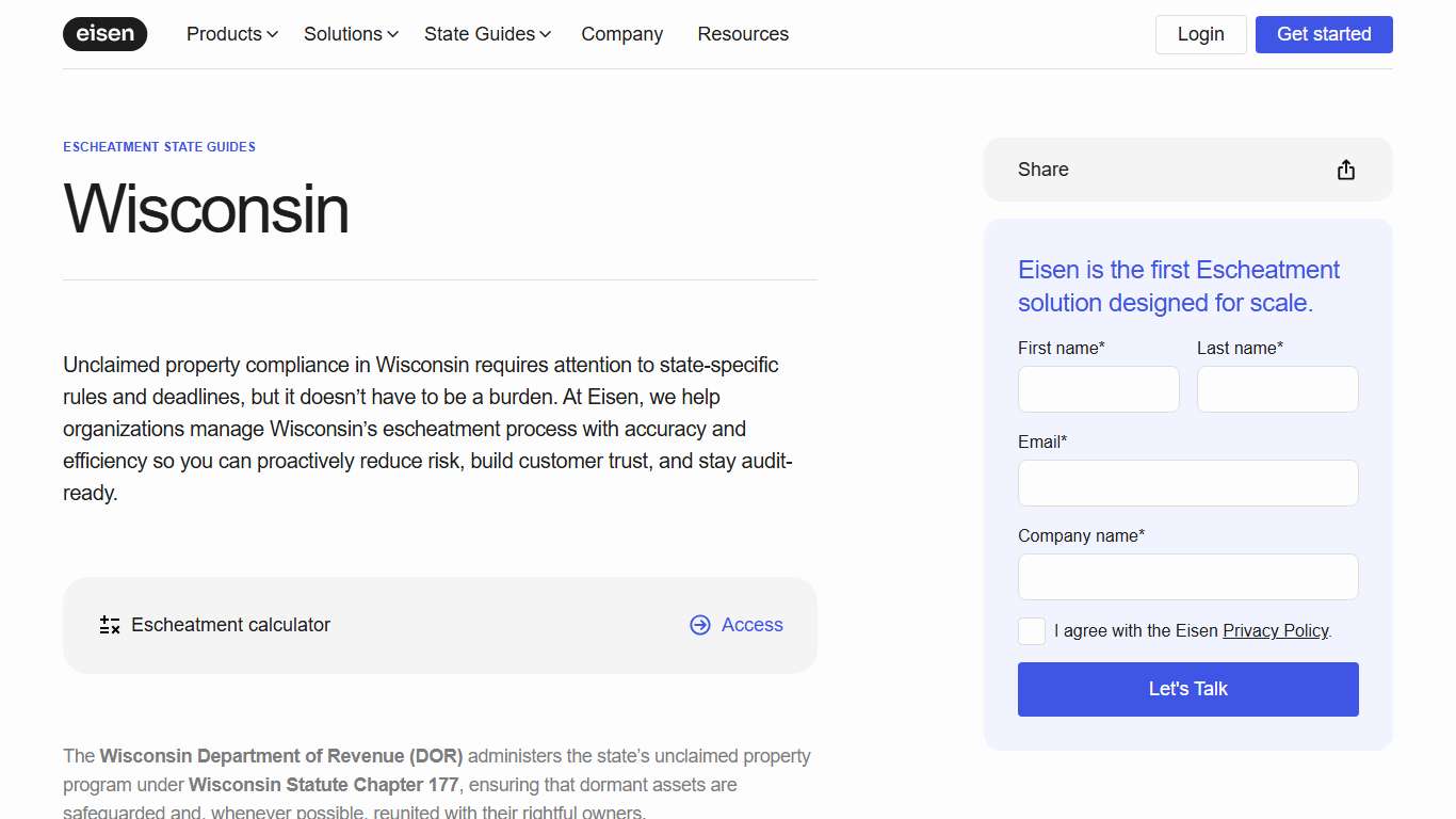 Wisconsin Escheatment Guide Eisen