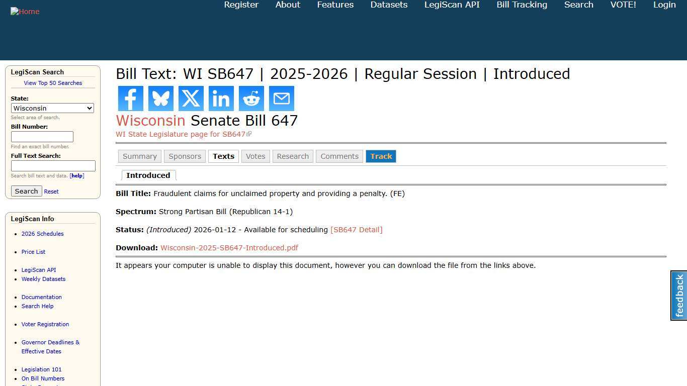 Bill Text: WI SB647 2025-2026 Regular Session Introduced LegiScan