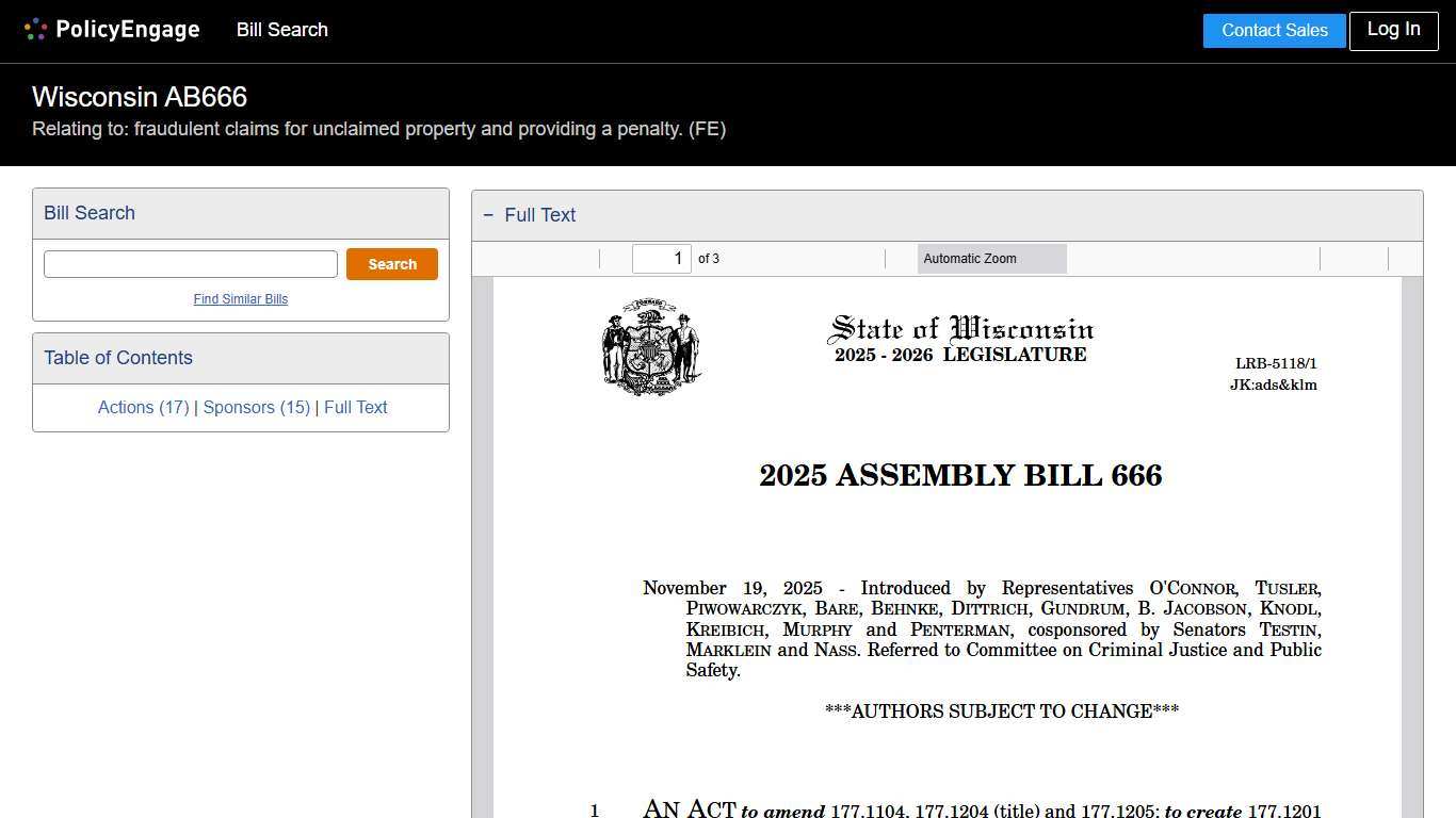 AB666 Wisconsin 2025-2026 Relating to: fraudulent claims for unclaimed property and providing a penalty. (FE) - Legislative Tracking PolicyEngage