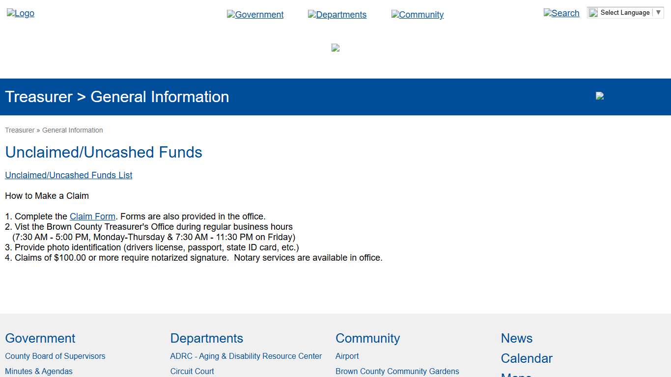Brown County > Departments > Treasurer > General Information > Unclaimed/Uncashed Funds