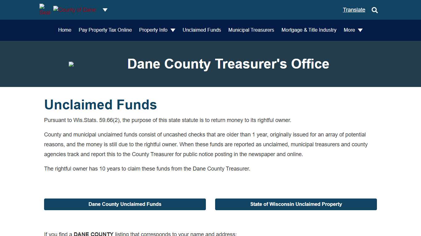 unclaimed funds Dane County Treasurer Office